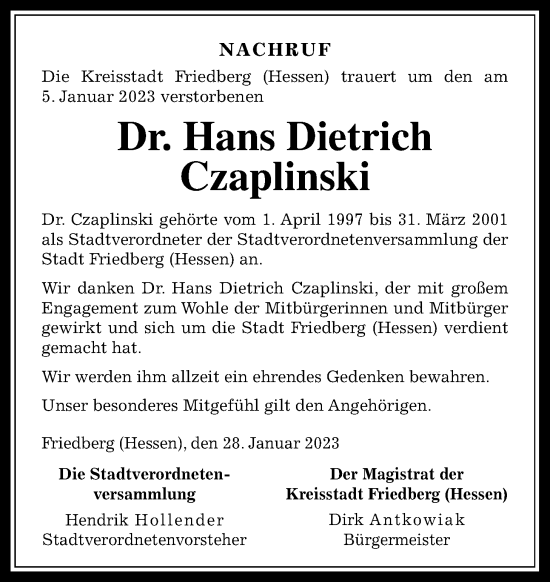 Traueranzeige von Hans Dietrich Czaplinski von Wetterauer Zeitung