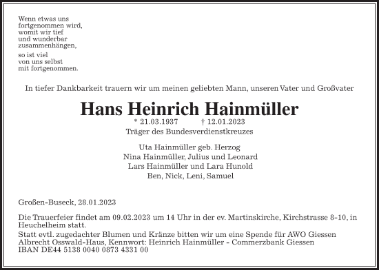 Traueranzeige von Hans Heinrich Hainmüller von Giessener Allgemeine, Alsfelder Allgemeine