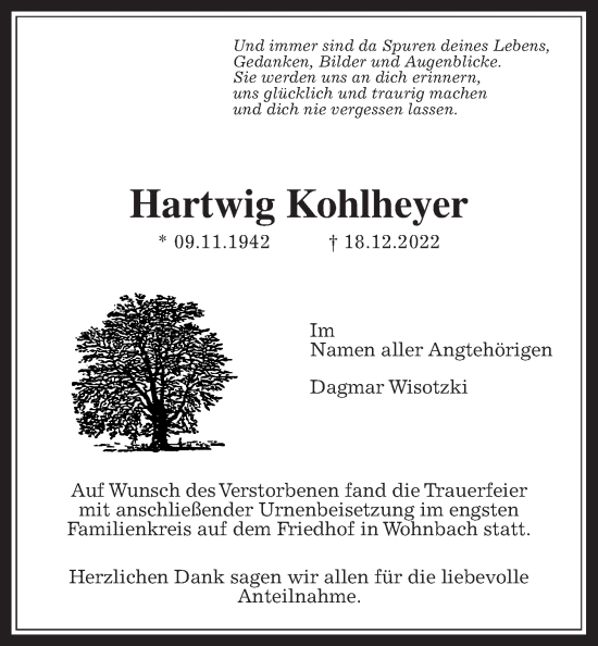 Traueranzeige von Hartwig Kohlheyer von Wetterauer Zeitung