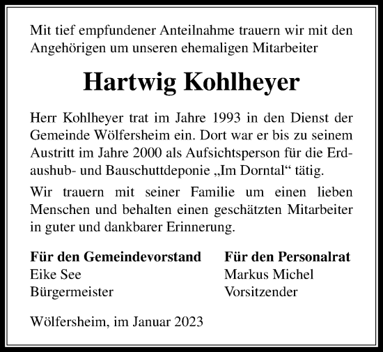 Traueranzeige von Hartwig Kohlheyer von Wetterauer Zeitung