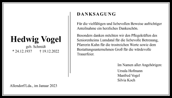 Traueranzeige von Hedwig Vogel von Rabenauer Zeitung