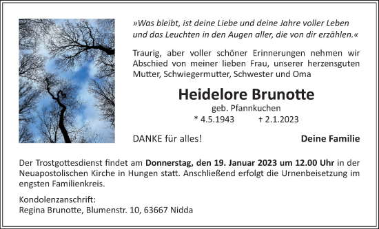 Traueranzeige von Heidelore Brunotte von Licher Wochenblatt, Licher Wochenblatt