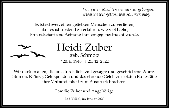 Traueranzeige von Heidi Zuber von Bad Vilbel/Karben