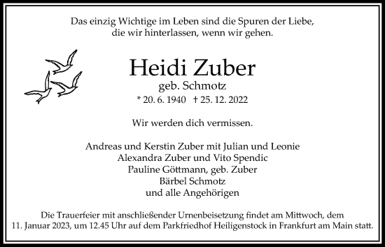 Traueranzeige von Heidi Zuber von Bad Vilbel/Karben