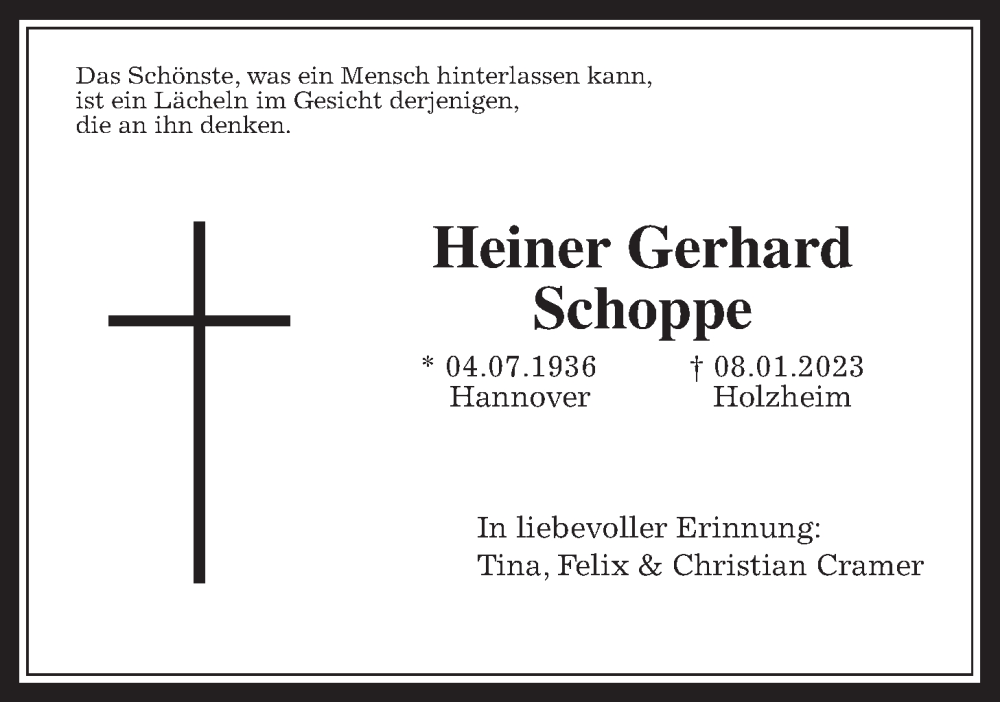  Traueranzeige für Heiner Gerhard Schoppe vom 21.01.2023 aus Giessener Allgemeine, Alsfelder Allgemeine