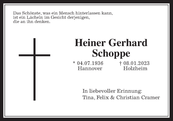 Traueranzeige von Heiner Gerhard Schoppe von Giessener Allgemeine, Alsfelder Allgemeine