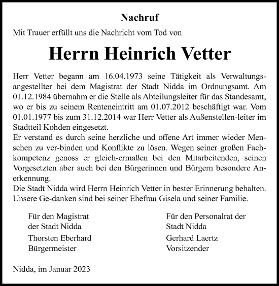 Traueranzeige von Heinrich Vetter von Kreis-Anzeiger