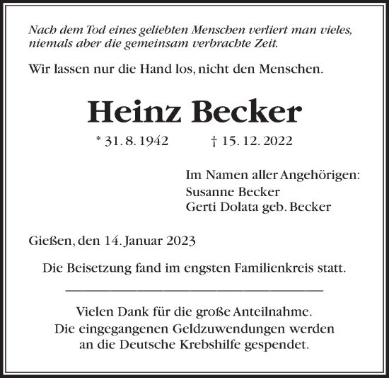 Traueranzeige von Heinz Becker von Giessener Allgemeine, Alsfelder Allgemeine, Giessener Anzeiger