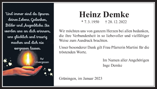 Traueranzeige von Heinz Demke von Pohlheimer Nachrichten