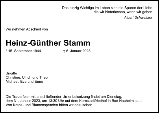 Traueranzeige von Heinz-Günther Stamm von Wetterauer Zeitung