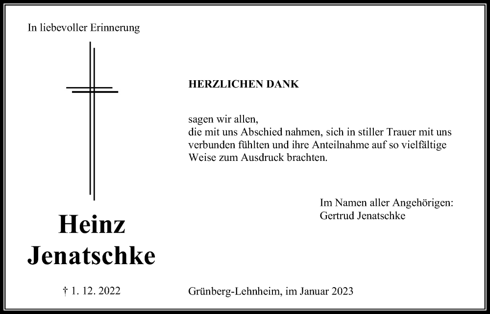  Traueranzeige für Heinz Jenatschke vom 21.01.2023 aus Giessener Allgemeine, Alsfelder Allgemeine