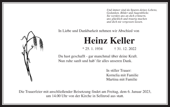Traueranzeige von Heinz Keller von Giessener Allgemeine, Alsfelder Allgemeine