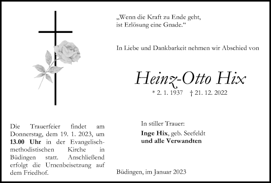 Traueranzeige von Heinz-Otto Hix von Kreis-Anzeiger