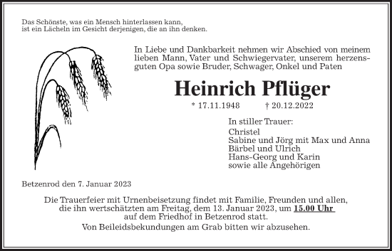 Traueranzeige von Heinz Pflüger von Kreis-Anzeiger