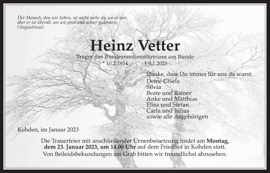 Traueranzeige von Heinz Vetter von Kreis-Anzeiger