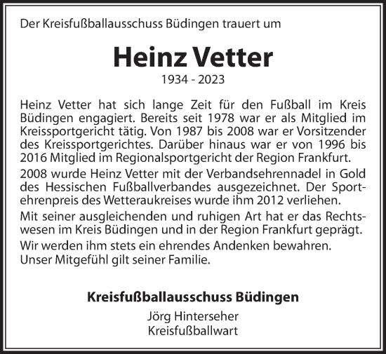 Traueranzeige von Heinz Vetter von Kreis-Anzeiger