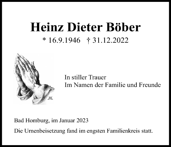 Traueranzeige von Heinz Dieter Böber von Usinger Anzeiger