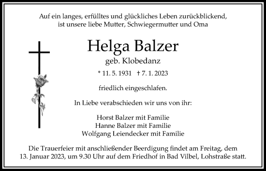 Traueranzeige von Helga Balzer von Bad Vilbel/Karben