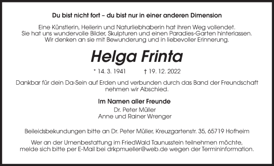 Traueranzeige von Helga Frinta 
