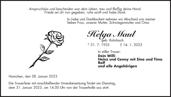 Traueranzeige von Helga Maul von Kreis-Anzeiger