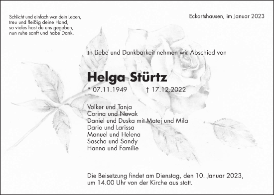 Traueranzeige von Helga Stürtz von Kreis-Anzeiger