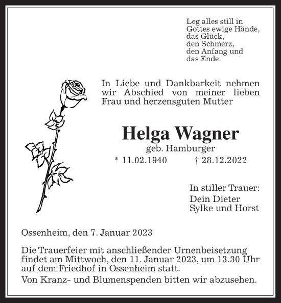 Traueranzeige von Helga Wagner von Wetterauer Zeitung