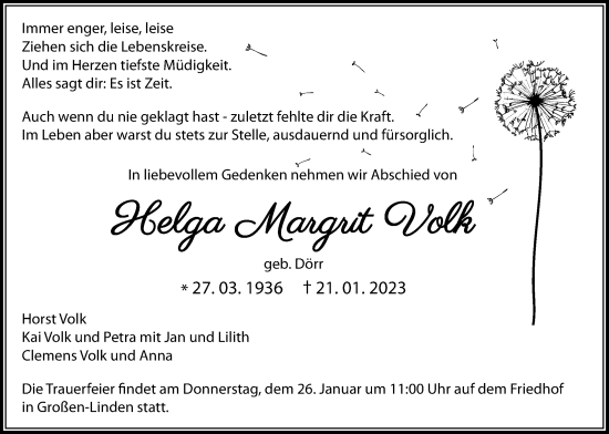 Traueranzeige von Helga Margrit Volk von Giessener Anzeiger, Giessener Allgemeine, Alsfelder Allgemeine