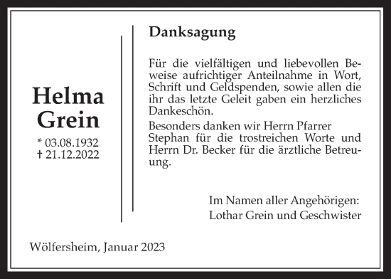 Traueranzeige von Helma Grein von Wetterauer Zeitung