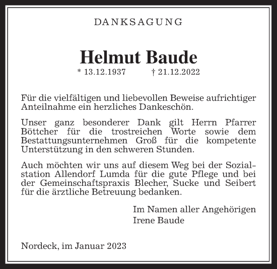 Traueranzeige von Helmut Baude von Allendorfer Mitteilungen, Rabenauer Zeitung, Giessener Anzeiger