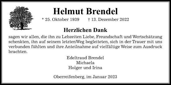 Traueranzeige von Helmut Brendel von Usinger Anzeiger