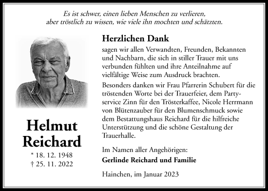 Traueranzeige von Helmut Reichard von Kreis-Anzeiger