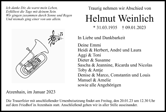 Traueranzeige von Helmut Weinlich von Giessener Allgemeine, Alsfelder Allgemeine