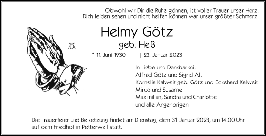 Traueranzeige von Helmy Götz von Wetterauer Zeitung