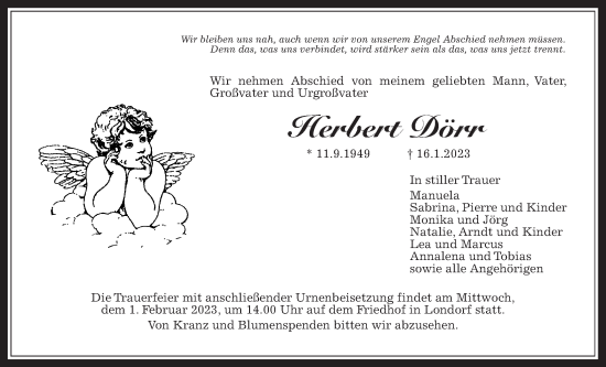 Traueranzeige von Herbert Dörr von Giessener Allgemeine, Alsfelder Allgemeine