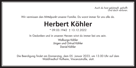 Traueranzeige von Herbert Köhler 