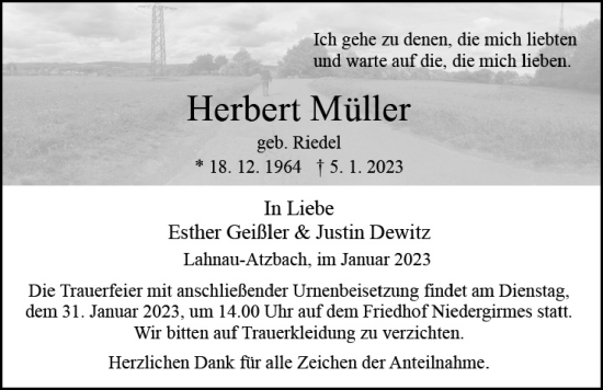 Traueranzeige von Herbert Müller von Giessener Allgemeine, Alsfelder Allgemeine