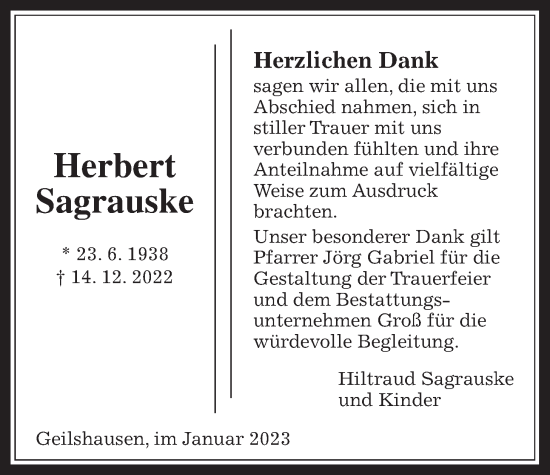 Traueranzeige von Herbert Sagrauske von Rabenauer Zeitung