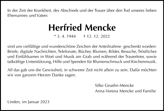Traueranzeige von Herfried Mencke von Giessener Anzeiger, Giessener Allgemeine, Alsfelder Allgemeine