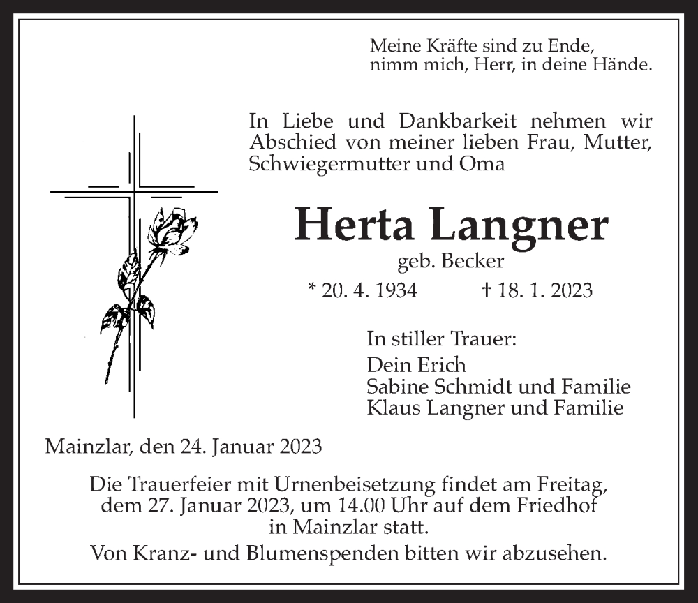  Traueranzeige für Herta Langner vom 24.01.2023 aus Giessener Anzeiger, Giessener Allgemeine, Alsfelder Allgemeine