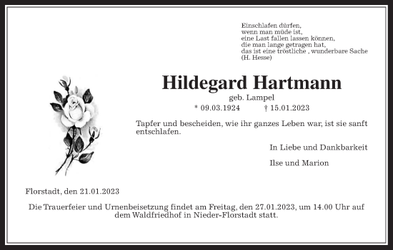 Traueranzeige von Hildegard Hartmann von Wetterauer Zeitung