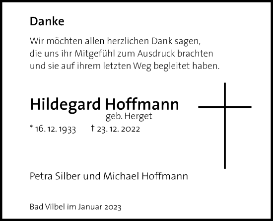 Traueranzeige von Hildegard Hoffmann von Bad Vilbel/Karben