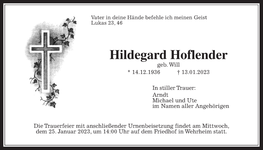  Traueranzeige für Hildegard Hoflender vom 20.01.2023 aus Usinger Anzeiger
