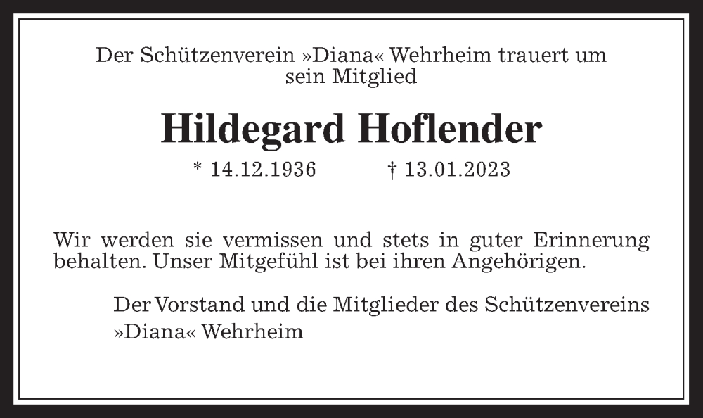  Traueranzeige für Hildegard Hoflender vom 25.01.2023 aus Usinger Anzeiger