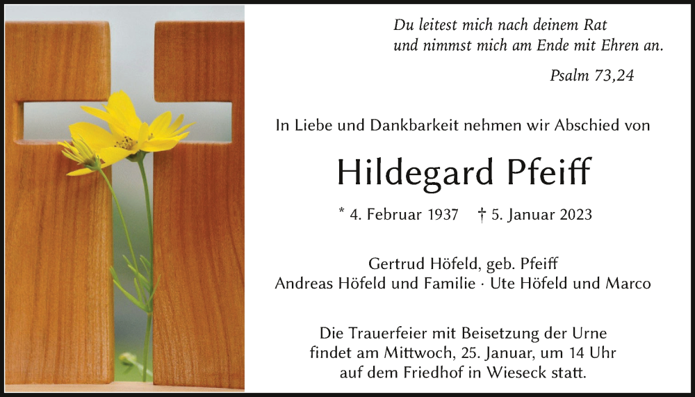  Traueranzeige für Hildegard Pfeiff vom 21.01.2023 aus Giessener Anzeiger, Giessener Allgemeine, Alsfelder Allgemeine