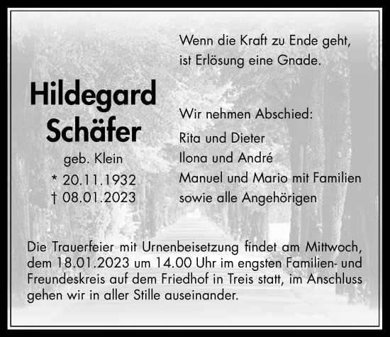 Traueranzeige von Hildegard Schäfer von Giessener Allgemeine, Alsfelder Allgemeine