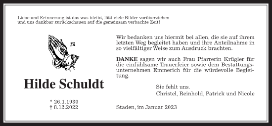 Traueranzeige von Hildegard Schuldt von Wetterauer Zeitung