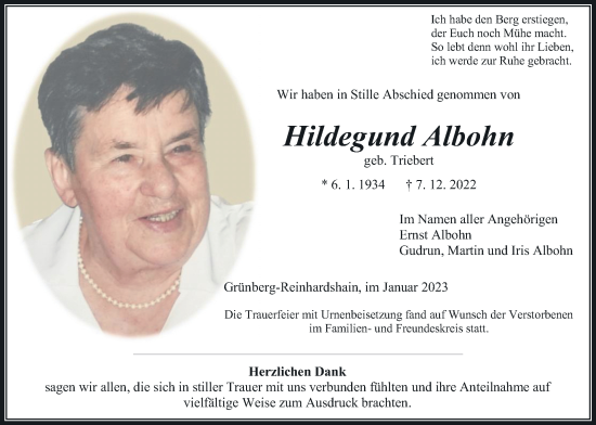 Traueranzeige von Hildegund Albohn von Giessener Anzeiger, Giessener Allgemeine, Alsfelder Allgemeine