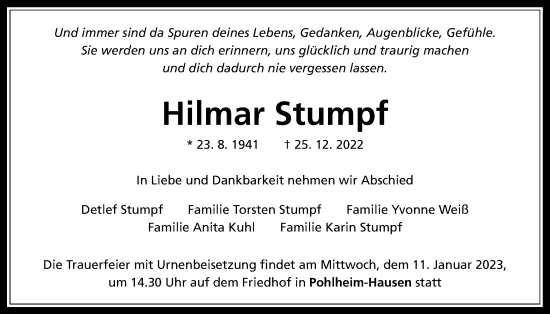 Traueranzeige von Hilmar Stumpf von Giessener Allgemeine, Alsfelder Allgemeine