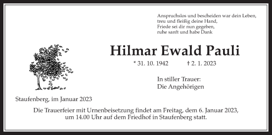 Traueranzeige von Hilmar Ewald Pauli von Giessener Allgemeine, Alsfelder Allgemeine