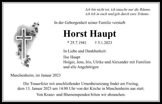 Traueranzeige von Horst Haupt von Licher Wochenblatt, Licher Wochenblatt